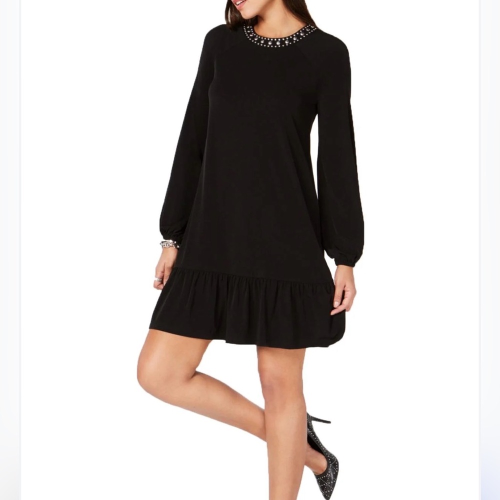 Michael Kors Studded Flounce Black Long Sleeve Dress